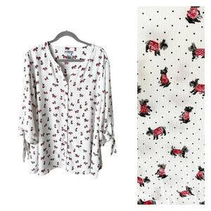 Catherine's Blouse Women's 2X Scottish Terrier Dog Print Button Down Dot 3/4 Top